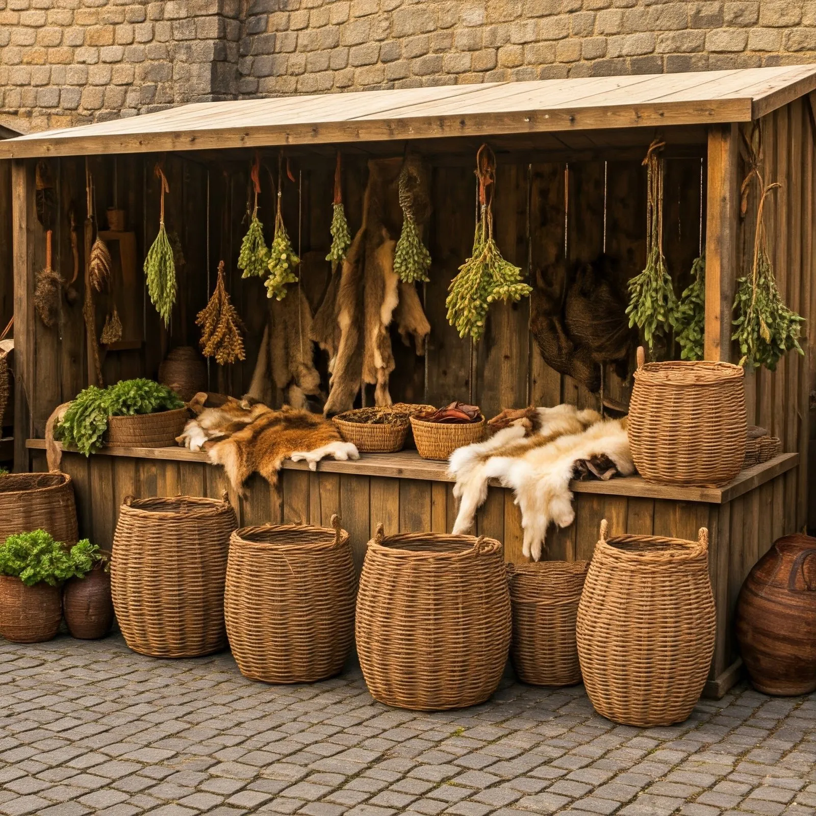 A wooden market stall with woven baskets, dried herbs and furs laid out for trade